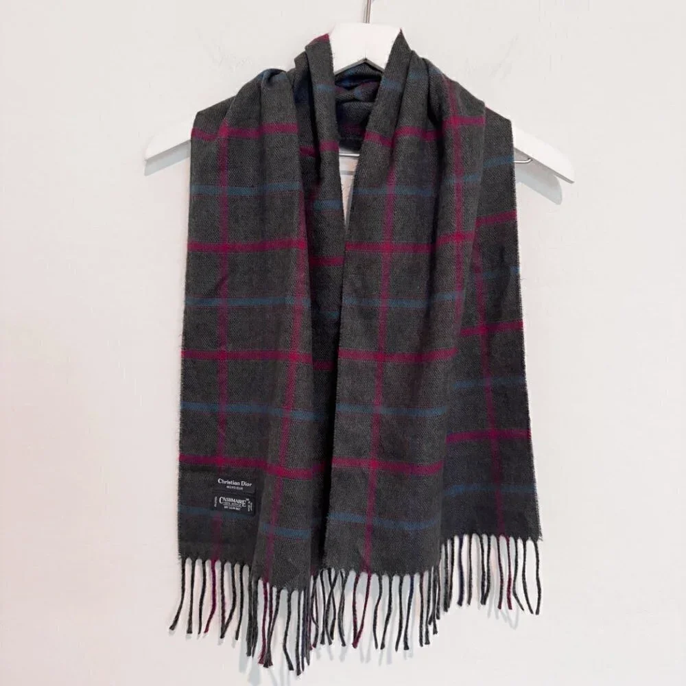 Christian Dior Monsieur Vintage Cashmaire Plaid Fringe Scarf Designer Luxury